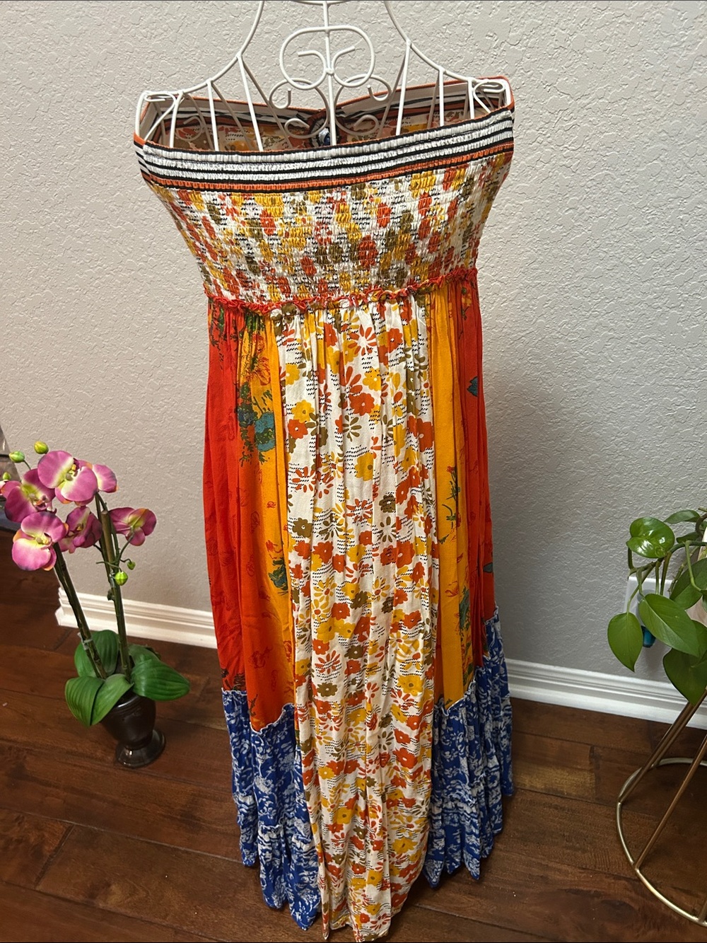Patchwork Floral Strapless Maxi Dress in Yellow, Orange & Blue by Free People M - Picture 2 of 2